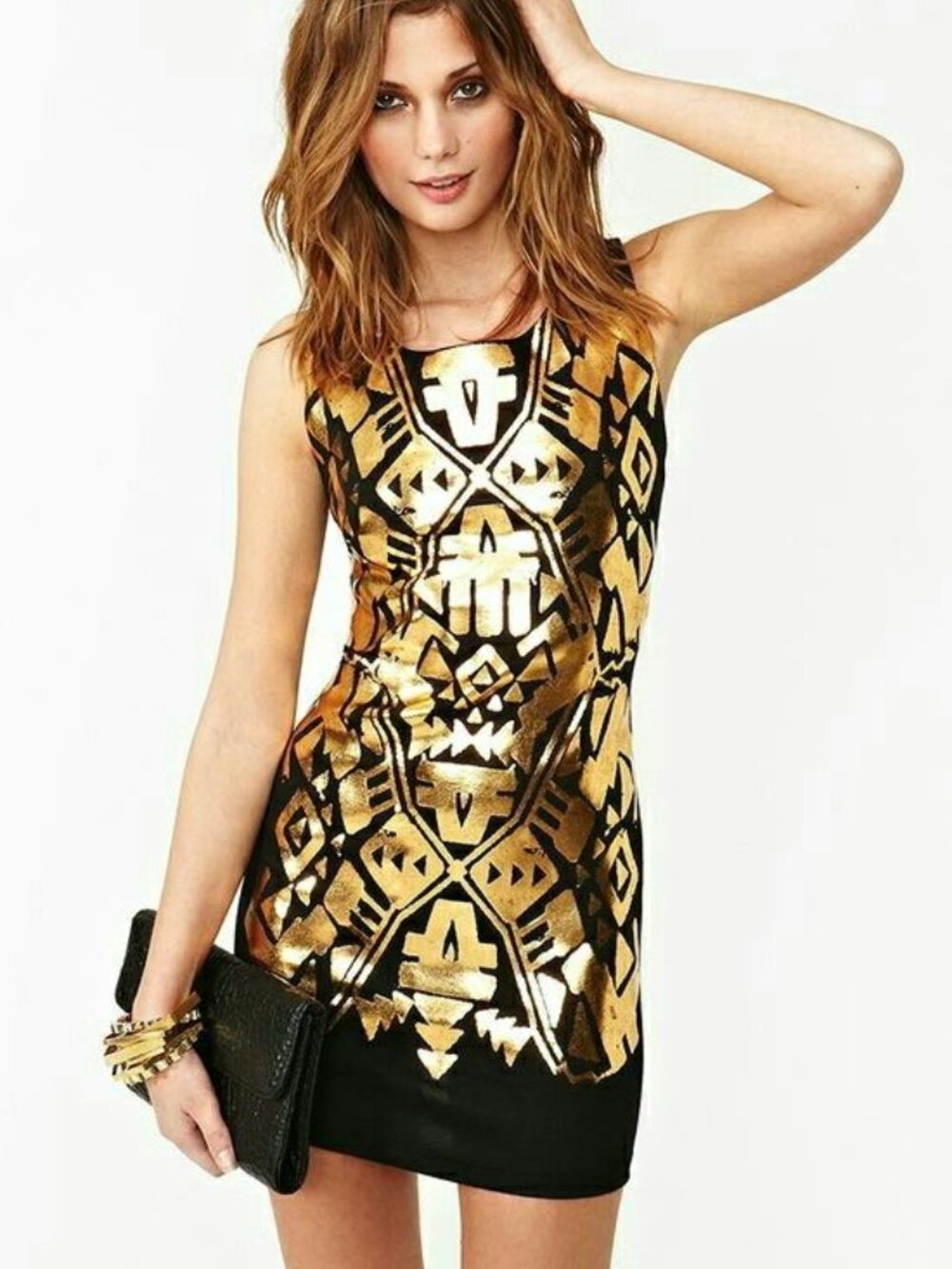 Black and gold foil tank bodycon mini dress, small